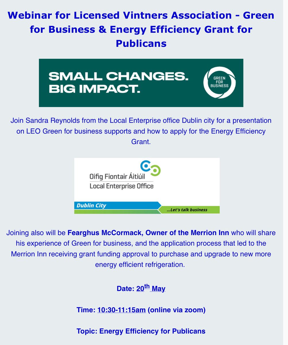 LVA (@lvadublinpubs) on Twitter photo LVA is working with <a href="/LEODublinCity/">LEODublinCity</a> to organise a webinar about the Green for Business & Energy Efficiency Grant for publicans next week
Open to all members.
To book your place please check details sent via email LVA is working with <a href="/LEODublinCity/">LEODublinCity</a> to organise a webinar about the Green for Business & Energy Efficiency Grant for publicans next week
Open to all members.
To book your place please check details sent via email