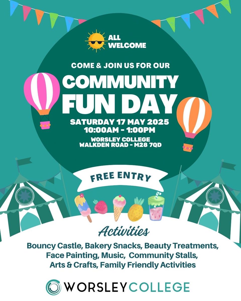 Salford City College Group (@salfordsccgroup) on Twitter photo ๐Join us for a Community Fun Day at Worsley College!
Everyone's welcome to this free event, which will feature:
๐Bouncy Castle
๐Bakery Snacks
๐Face Painting
๐Live Music
๐Community Stalls
๐Arts & Crafts
๐Beauty Treatments & more!
See you there! ๐
#Salford <a href="/greatermcr/">Greater Manchester Combined Authority</a> ๐Join us for a Community Fun Day at Worsley College!
Everyone's welcome to this free event, which will feature:
๐Bouncy Castle
๐Bakery Snacks
๐Face Painting
๐Live Music
๐Community Stalls
๐Arts & Crafts
๐Beauty Treatments & more!
See you there! ๐
#Salford <a href="/greatermcr/">Greater Manchester Combined Authority</a>