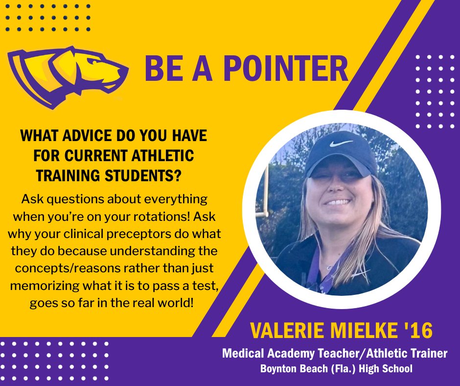 "Ask questions about everything when you’re on your rotations!" says alumna Valerie Mielke '16, who works at Boynton Beach High School in Florida. Read more about her experience in our Be a Pointer alumni spotlight: bit.ly/uwspmsatalumni. #UWSP