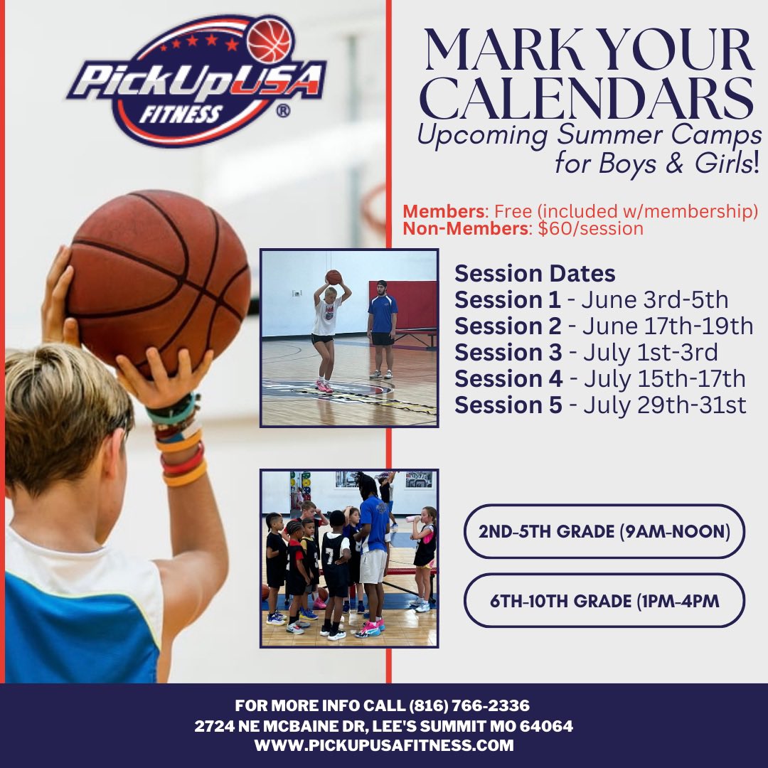 PickUp USA Fitness Lee's Summit (@pickupusa_mo) on Twitter photo It’s almost basketball camp season. Mark your calendars as <a href="/pickupusa_mo/">PickUp USA Fitness Lee's Summit</a> will be hosting five sessions this summer. All camps are including with a membership to PickUp USA Fitness while non-members can attend for $60 per session. Call 816-766-2336 for more information. It’s almost basketball camp season. Mark your calendars as <a href="/pickupusa_mo/">PickUp USA Fitness Lee's Summit</a> will be hosting five sessions this summer. All camps are including with a membership to PickUp USA Fitness while non-members can attend for $60 per session. Call 816-766-2336 for more information.