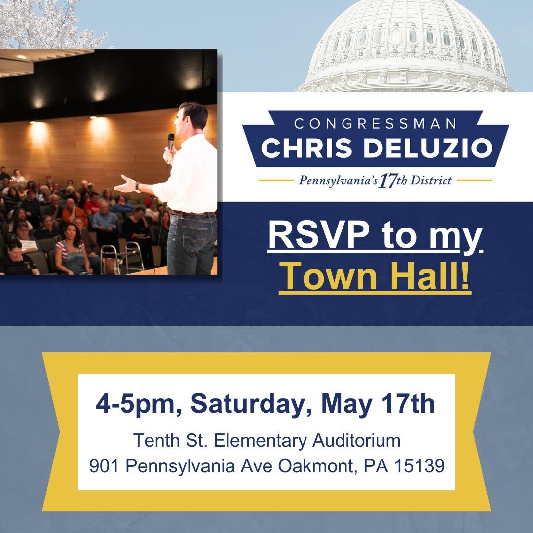 My next in-person Town Hall is this Saturday May 17th from 4-5pm. To attend, please RSVP at: tinyurl.com/DeluzioMayTown…. The event will also be livestreamed. Looking forward to hearing from you!