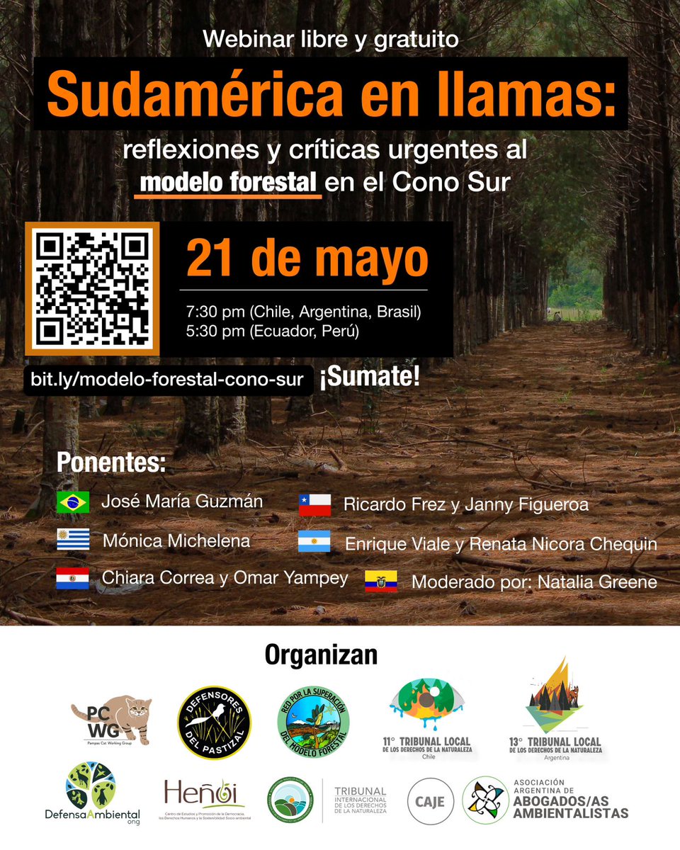🔥 El avance del monocultivo forestal de especies exóticas, como pino y eucalipto, está arrasando con la biodiversidad y desplazando comunidades en Chile, Argentina, Uruguay, Paraguay y Brasil. Unite a este webinario!
🗓️ 21/5 - 5:30PM 🇪🇨 | 7:30PM 🇧🇷🇦🇷🇨🇱
🔗 bit.ly/modelo-foresta…