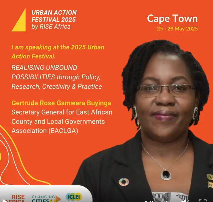 📢What are the realities &amp; urgent actions needed in African cities? 
Join EACLGA's  SG <a href="/gamwera/">Gertrude R Gamwera</a>  at the #RISEAfrica2025 plenary: "Navigating the Joys and Anguish of African Cities" on May 27th in 📍Cape Town. Get your tickets here👉 rb.gy/qxzqtb
#UrbanActionFestival