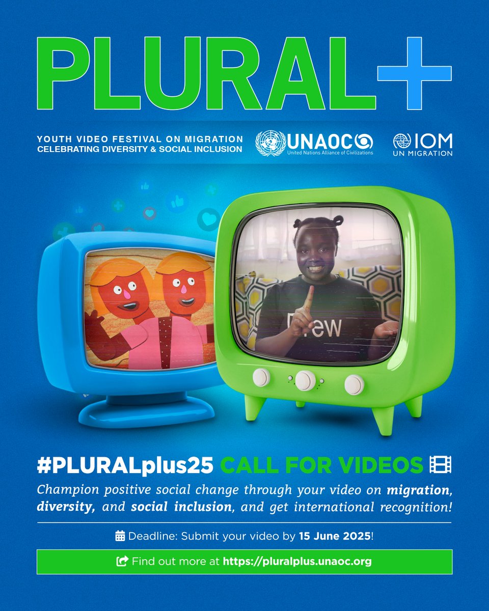 There is still time for young storytellers to participate in #PLURALplus25 &amp; share your views on pressing social issues.
Submit your creative🤯, funny😂, inspiring🤩 &amp; impactful videos by 🗓️ Sunday, 15 June here - pluralplus.unaoc.org/submit/

<a href="/IOMaustria/">IOM Austria</a> <a href="/UNAOC/">UNAOC - United Nations Alliance of Civilizations</a>