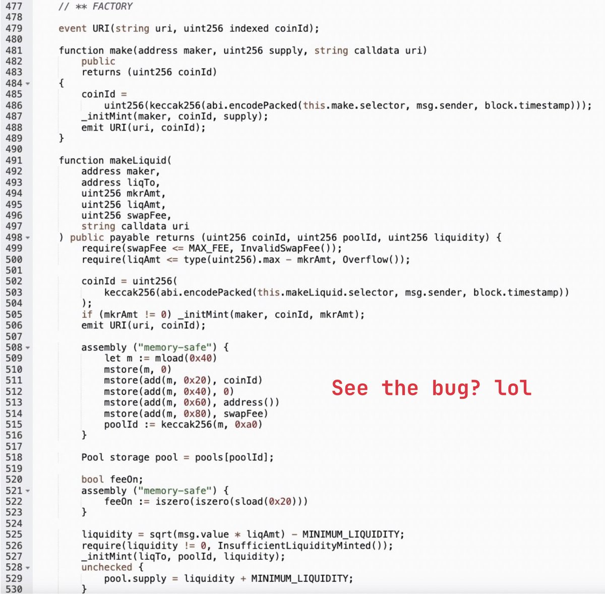 1/ I found an AMM bug in screenshot in my X feed.

ZAMM is a hyper gas-optimized AMM. A malicious user can create a new AMM/Coin pair multiple times, allowing them to stash away hidden LP tokens to later rug the pool.

Here’s how the bug works: