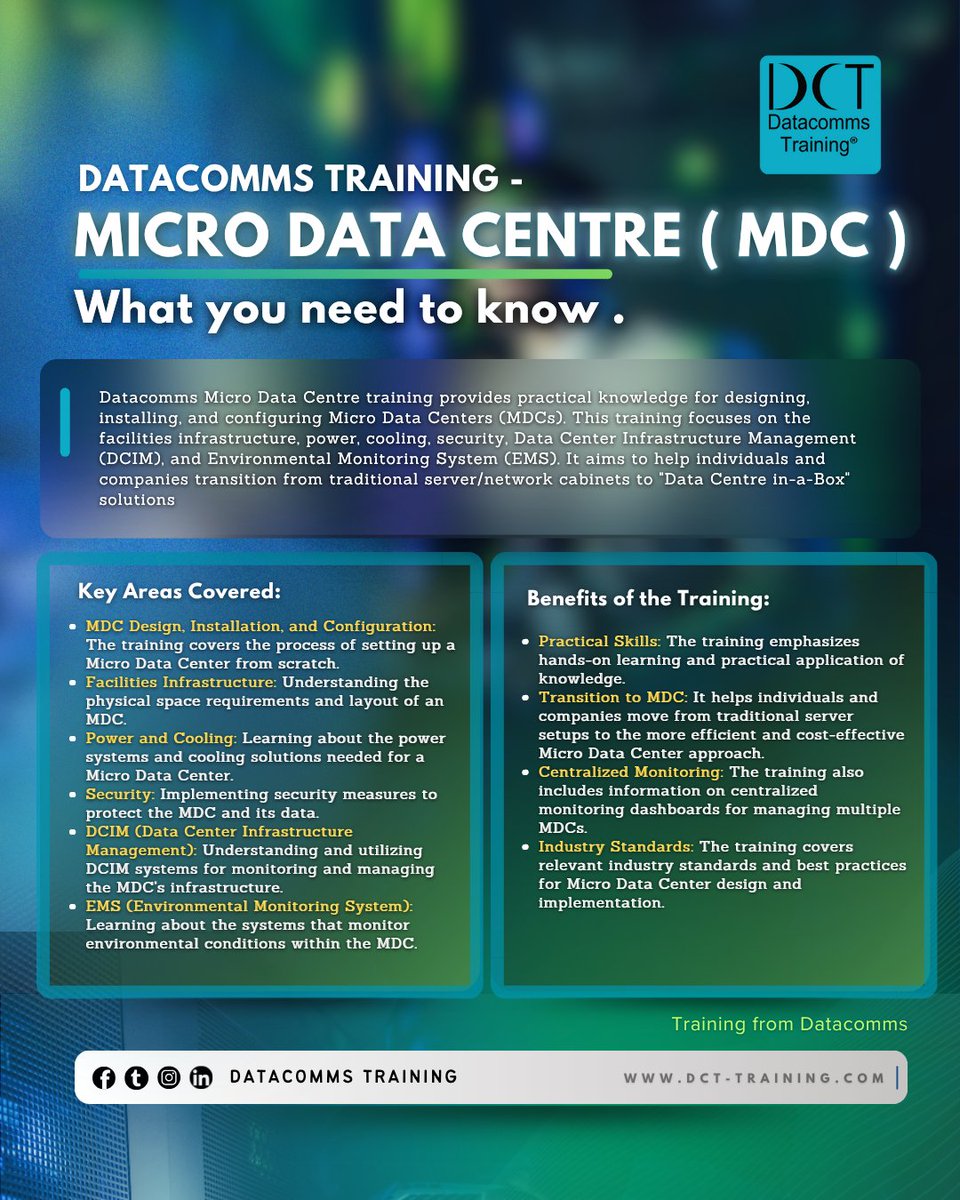 Datacomms_'s tweet image. 🚀 Ready to Master Micro Data Centers (MDCs)?  Join our expert-led training and gain hands-on experience in the design, setup, and management of Micro Data Centers—built for efficiency, scalability, and security.  Learn more about dct-training.com #MDC #DataCenterTraining