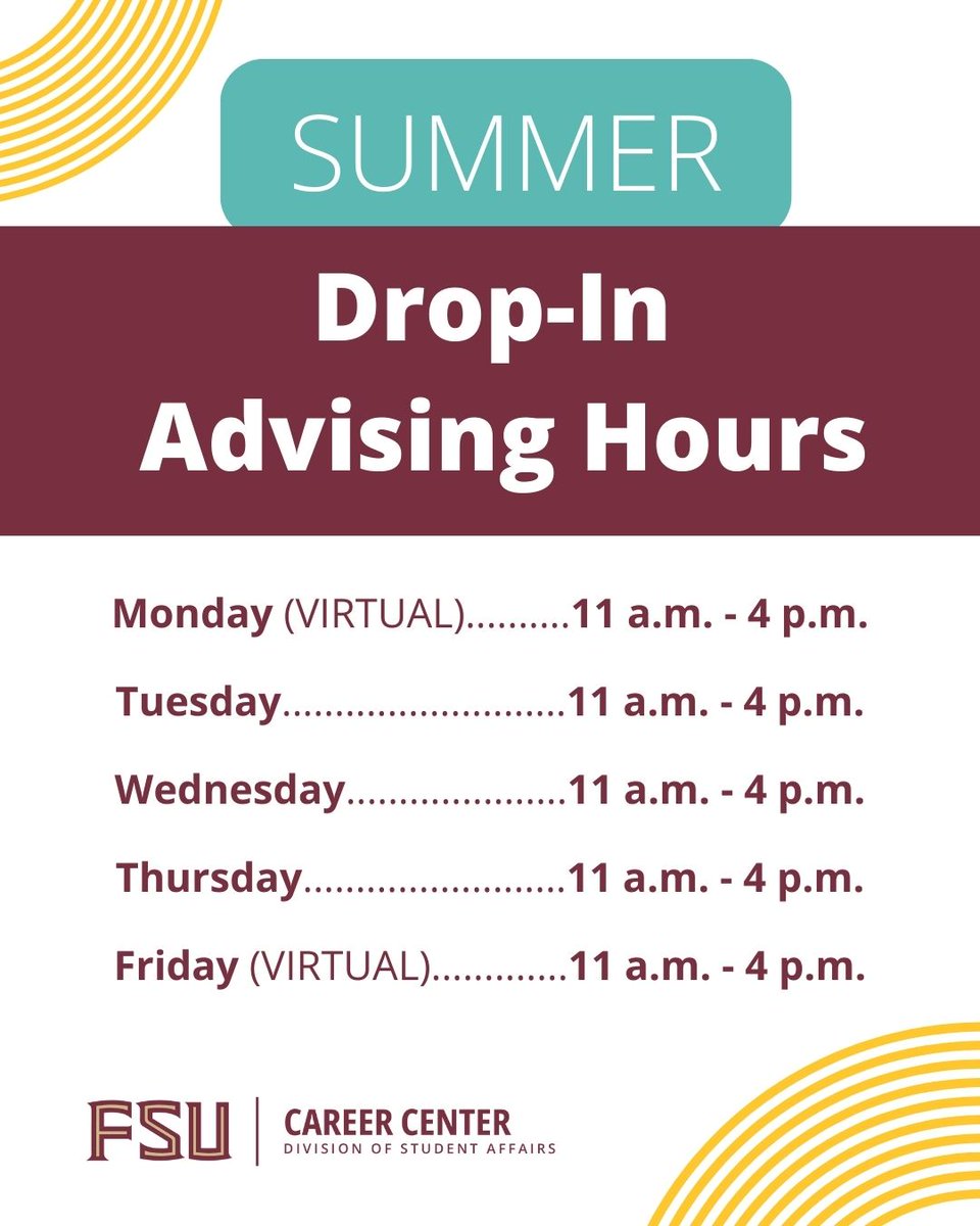 Need some general career advising this summer? Check out our summer hours here. Looking for more info on industry-specific career advice, look through Nole Network, and make an appointment with our Career Liaisons. 🌞