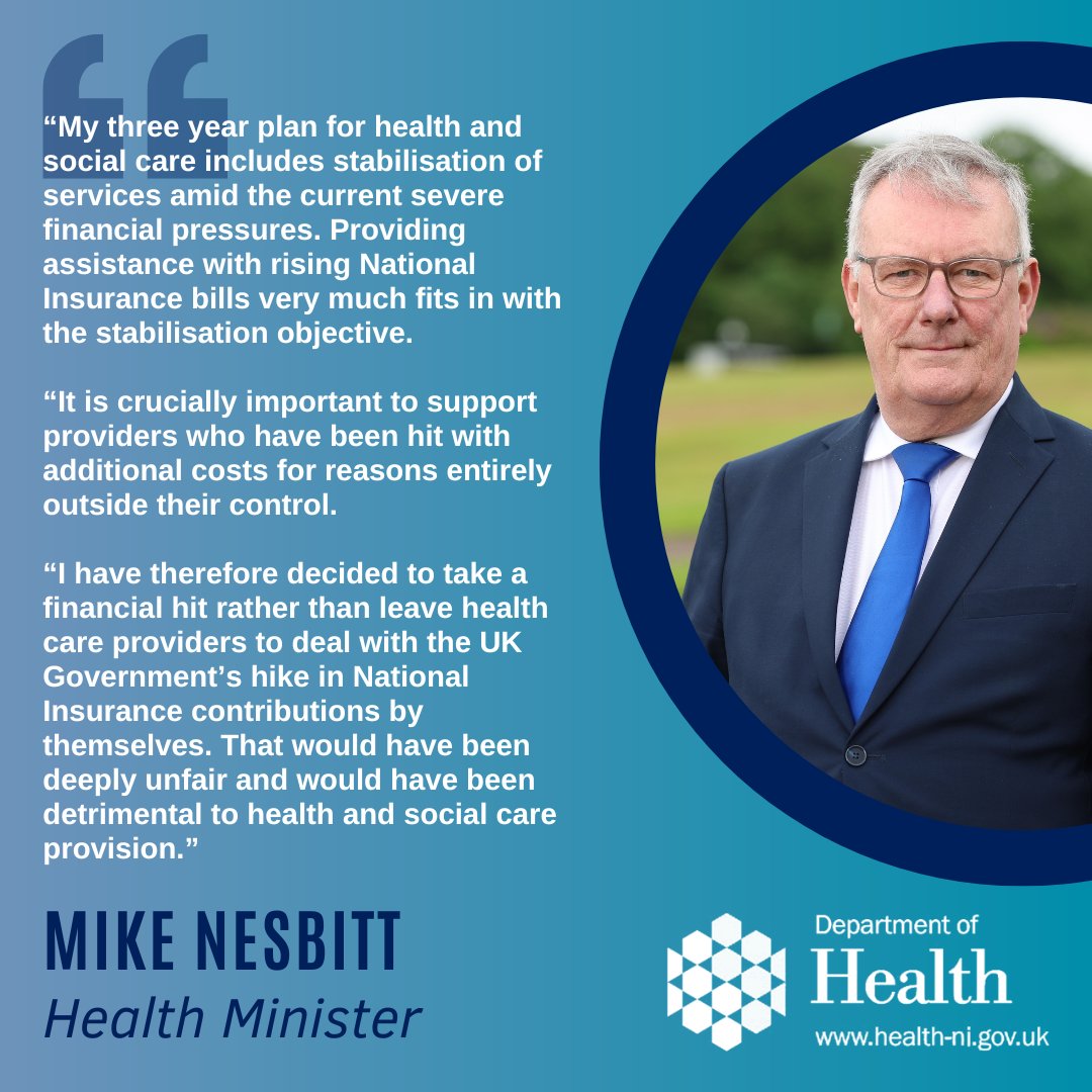 Department of Health (@healthdpt) on Twitter photo The Health Minister has laid out details of funding to mitigate National Insurance increases for employers in the health and social care system.
➡️Read more: health-ni.gov.uk/news/nesbitt-d… The Health Minister has laid out details of funding to mitigate National Insurance increases for employers in the health and social care system.
➡️Read more: health-ni.gov.uk/news/nesbitt-d…