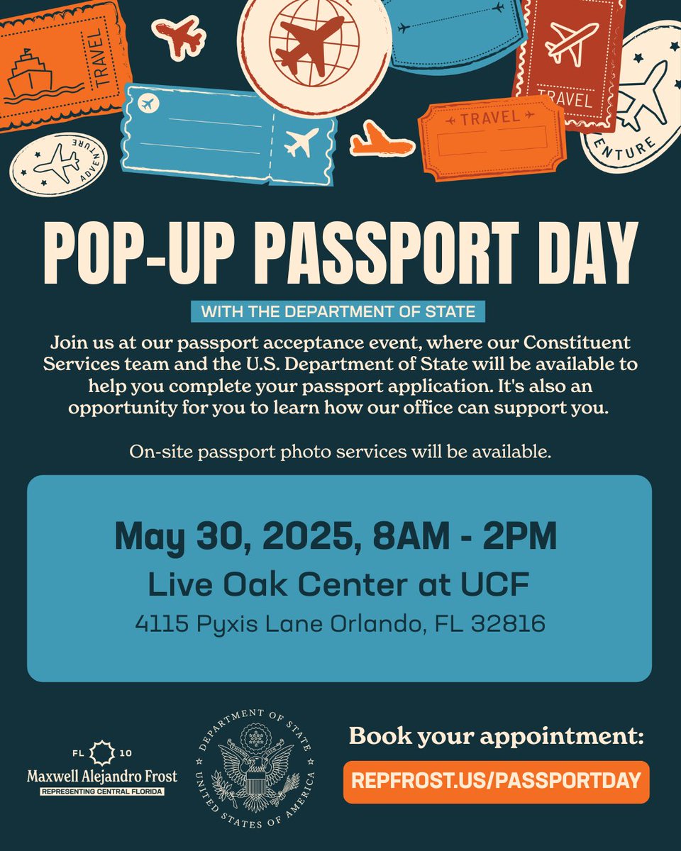 ✈️ Planning to travel abroad soon? Don't have a Real ID and flying domestically? Apply for a new passport or renew it directly with the Department of State at our in-person Pop-Up Passport Day event on May 30!

Book your appointment at RepFrost.us/PassportDay