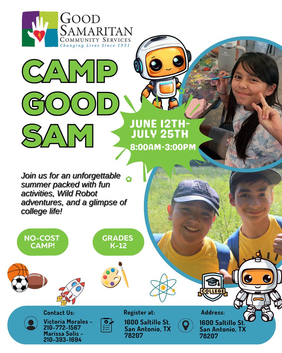 EISDFE's tweet photo. 📢 Two FREE summer opportunities!
🌞 Camp Good Sam (K–12)
🎓 Good Sam Academy (9th–12th)
Both still accepting students—right here in the community!
Don’t miss out! @EISDofSA @EISD_Counseling @EISDPDofSA 
#SummerCamp #FreePrograms #EdgewoodISD https://t.co/jtD8cAjIfU