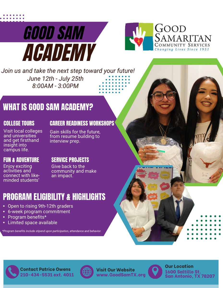 📢 Two FREE summer opportunities!
🌞 Camp Good Sam (K–12)
🎓 Good Sam Academy (9th–12th)
Both still accepting students—right here in the community!
Don’t miss out! <a href="/EISDofSA/">Edgewood ISD</a> <a href="/EISD_Counseling/">EISD Guidance, Counseling and Social Work</a> <a href="/EISDPDofSA/">Edgewood ISD PD</a> 
#SummerCamp #FreePrograms #EdgewoodISD