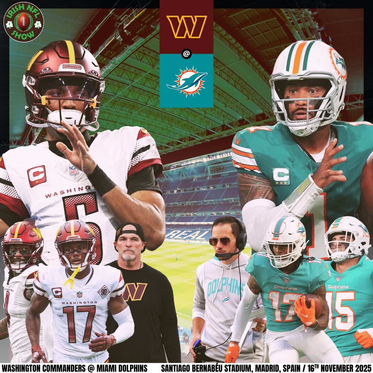 The Irish NFL Show (@irenfl) on Twitter photo Madrid Game Announcement 🇪🇸
Finally it's time for the final International Game!
Spain will host it's first ever International game as the <a href="/Commanders/">Washington Commanders</a> take on the previously announced home team the <a href="/MiamiDolphins/">Miami Dolphins</a> at the home of <a href="/realmadrid/">Real Madrid C.F.</a> the <a href="/StadiumBernabeu/">Santiago Bérnabeu</a>
¡Salud! Madrid Game Announcement 🇪🇸
Finally it's time for the final International Game!
Spain will host it's first ever International game as the <a href="/Commanders/">Washington Commanders</a> take on the previously announced home team the <a href="/MiamiDolphins/">Miami Dolphins</a> at the home of <a href="/realmadrid/">Real Madrid C.F.</a> the <a href="/StadiumBernabeu/">Santiago Bérnabeu</a>
¡Salud!