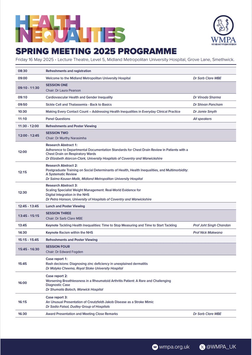 Sarb Clare MBE (@acutemedsarbc) on Twitter photo Only 3 days left for our <a href="/WMPA_UK/">West Midlands Physicians Association</a> conference <a href="/MidlandMetUH/">Midland Metropolitan University Hospital</a> <a href="/SWBHnhs/">SWB NHS Trust</a> addressing health inequalities!Stellar speakers <a href="/vinoda_sharma/">Vinoda Sharma #WIC</a> <a href="/Shivan_TT/">Shivan Pancham</a> <a href="/Dr_Jbjsmyth/">Jamie Smyth</a> <a href="/JohtChandan/">Professor Joht Singh Chandan</a> <a href="/drnickmakwana/">Nick Makwana</a> Final Programme!Don't miss out! <a href="/EdwardFogden/">Edward Fogden</a> <a href="/JenHancox1/">Jen Hancox</a> <a href="/gastroreg/">Shahd 🧚♀️</a> <a href="/DawnAdamson6/">Dawn Adamson</a> <a href="/AlphaCopdDoc/">Alice Turner</a> Only 3 days left for our <a href="/WMPA_UK/">West Midlands Physicians Association</a> conference <a href="/MidlandMetUH/">Midland Metropolitan University Hospital</a> <a href="/SWBHnhs/">SWB NHS Trust</a> addressing health inequalities!Stellar speakers <a href="/vinoda_sharma/">Vinoda Sharma #WIC</a> <a href="/Shivan_TT/">Shivan Pancham</a> <a href="/Dr_Jbjsmyth/">Jamie Smyth</a> <a href="/JohtChandan/">Professor Joht Singh Chandan</a> <a href="/drnickmakwana/">Nick Makwana</a> Final Programme!Don't miss out! <a href="/EdwardFogden/">Edward Fogden</a> <a href="/JenHancox1/">Jen Hancox</a> <a href="/gastroreg/">Shahd 🧚♀️</a> <a href="/DawnAdamson6/">Dawn Adamson</a> <a href="/AlphaCopdDoc/">Alice Turner</a>