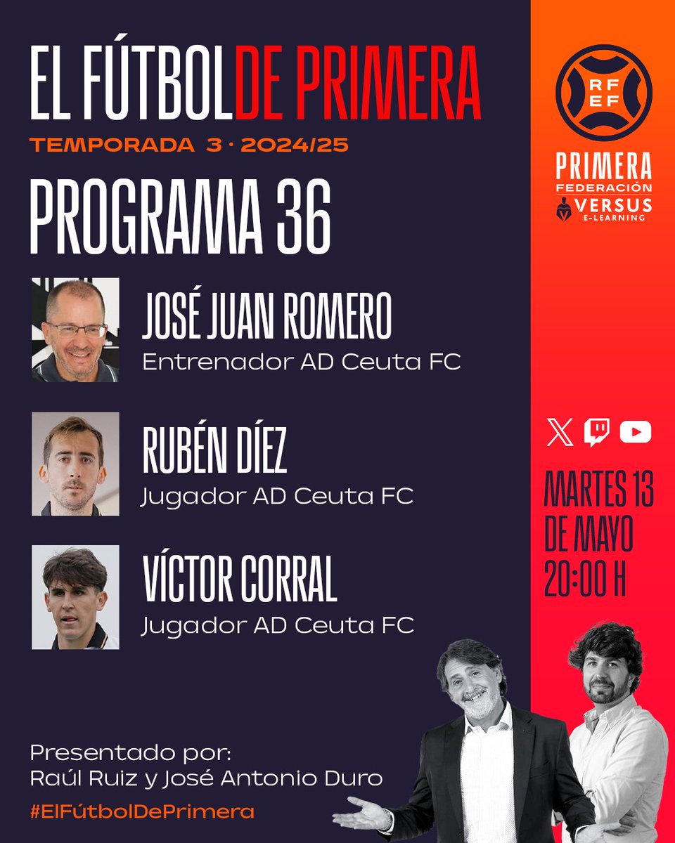 😍 ¡PROGRAMÓN A LA VISTA!

𝗛𝗼𝘆, 𝗮 𝗽𝗮𝗿𝘁𝗶𝗿 𝗱𝗲 𝗹𝗮𝘀 𝟮𝟬:𝟬𝟬 𝗵𝗼𝗿𝗮𝘀... ¡𝗘𝗦𝗣𝗘𝗖𝗜𝗔𝗟 𝗔𝗦𝗖𝗘𝗡𝗦𝗢 DE LA <a href="/ADCeuta_FC/">AD CEUTA FC</a>!

💫 <a href="/jjromerog5/">Jose Juan Romero Gil</a> 
💫 Rubén Díez
💫 <a href="/viictorcorral/">Viictor</a> 

🙌 ¡Te esperamos en 𝗫, 𝗬𝗼𝘂𝗧𝘂𝗯𝗲 𝘆 𝗧𝘄𝗶𝘁𝗰𝗵!

#ElFútbolDePrimera |