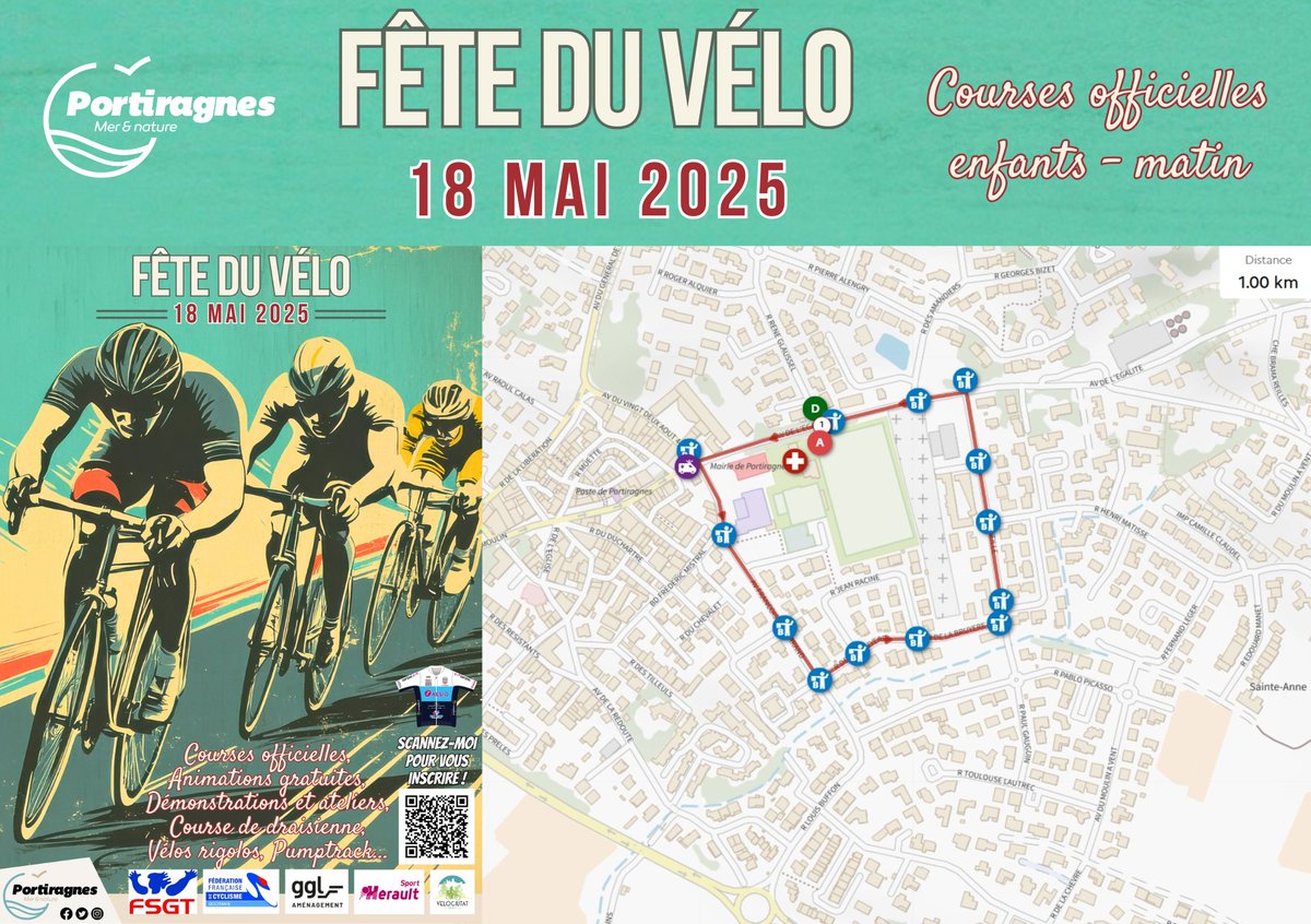 I 𝗙Ê𝗧𝗘 𝗗𝗨 𝗩É𝗟𝗢 I Dimanche 18 mai, à vos marques… prêts ?!
Découvrez les parcours officiels des courses qui auront lieu ce dimanche à Portiragnes à l’occasion de la Fête du Vélo ⤵️