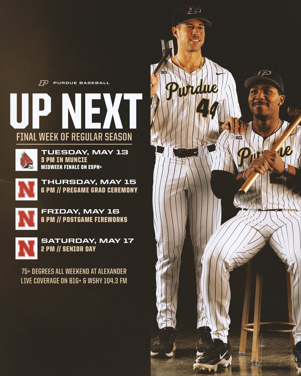 PurdueBaseball's tweet photo. Midweek Rematch 🤝 Matinee in Muncie 

🚂 🆚 🐦
🕒 3 PM
🏟️ The newly renamed Shebek Stadium
💪 @BraydenOlson4 starts the Midweek Opener &amp; Finale
📻 WSHY 104.3 FM
📺 Stream ESPN+
🚍 #Purdue's 1st visit to Muncie since March 2019
✌️ Teams have a combined 64 Wins https://t.co/67RTq3RhRh