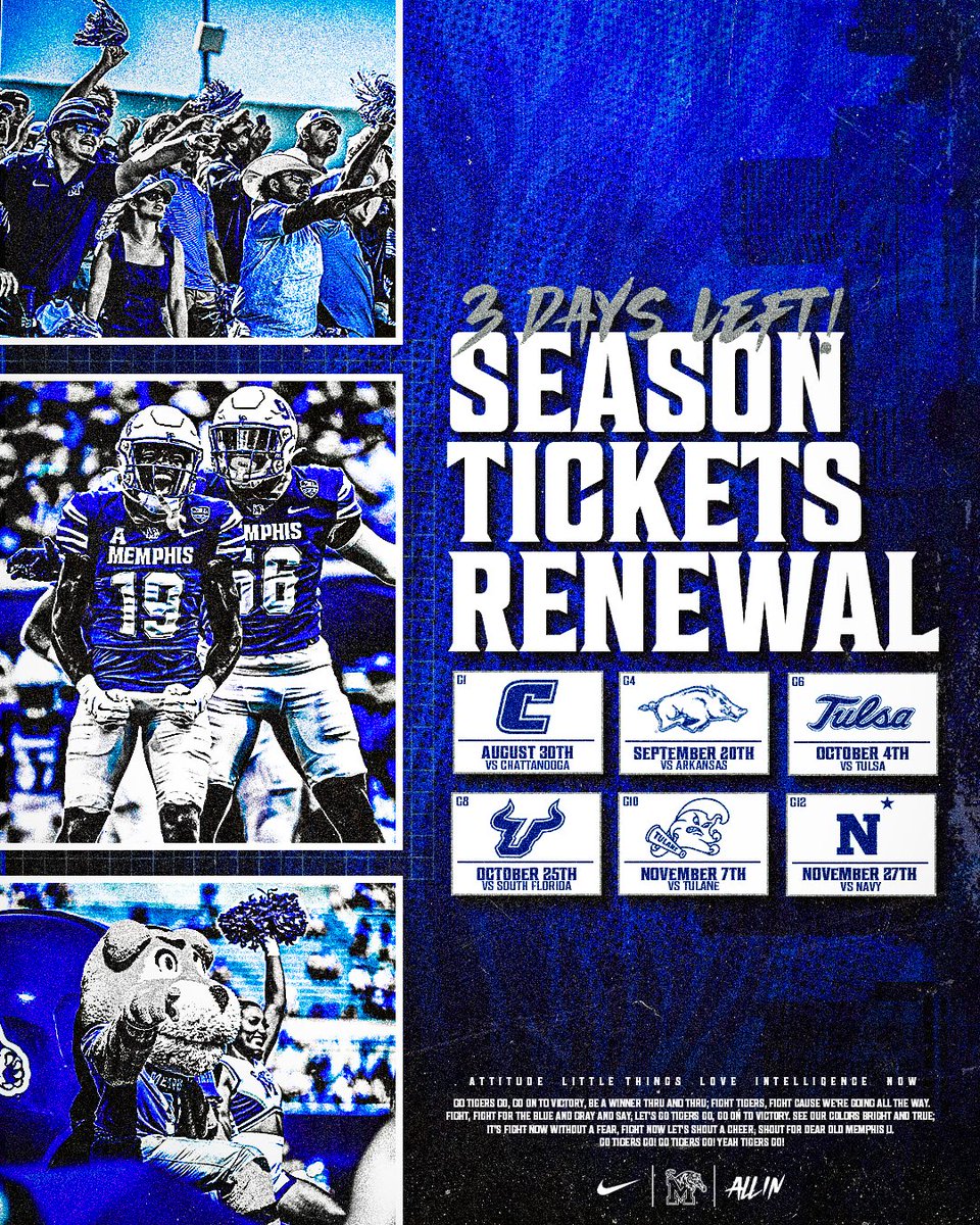 It's almost time for another season 🏈

You have 3️⃣ days left to renew your season tickets for the 2025 Memphis Football home slate Ⓜ️

#ALLIN | #GoTigersGo

📎 gotigersgo.me/25-26Renewals