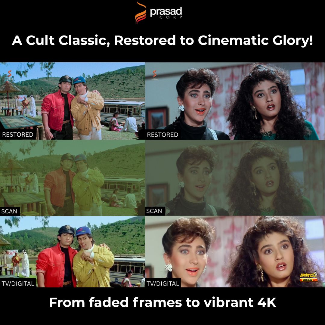 PrasadCorp's tweet photo. Same film. New magic. ✨
From faded prints to full cinematic glory—Andaz Apna Apna is back, restored in stunning 4K with Dolby 5.1 by Prasad Film Labs.Catch the madness, now playing in cinemas! 🎬
#AndazApnaApna #InCinemasNow #PrasadFilmLabs
@AndazApnaApna_ @VinayPictures https://t.co/OZsk5EzLTR