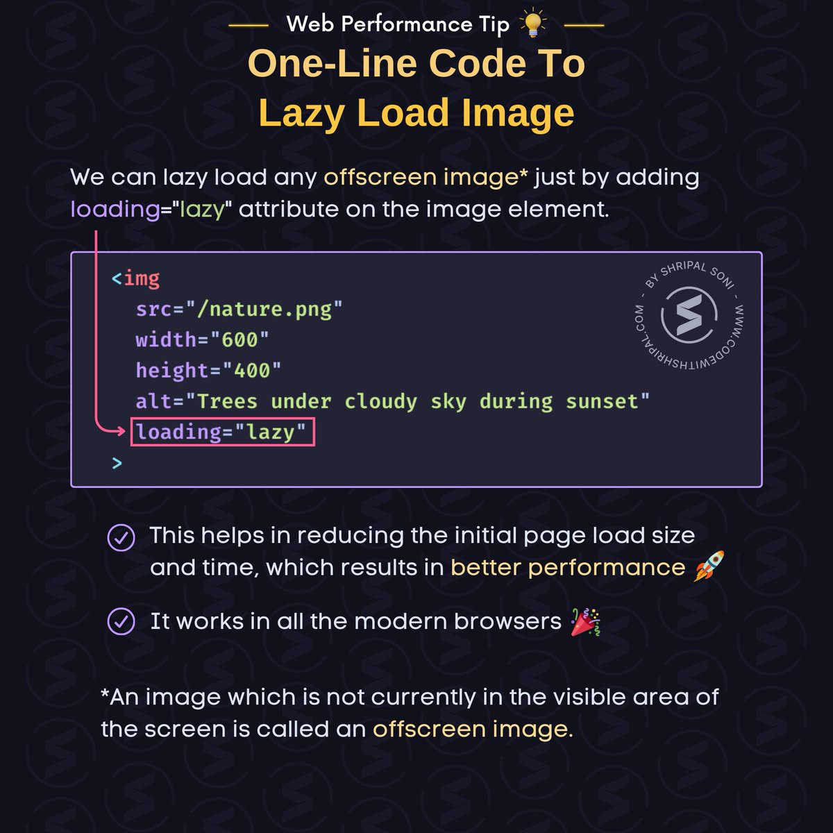 Web Performance Tip 💡

Lazy load offscreen images to improve webpage performance ✅