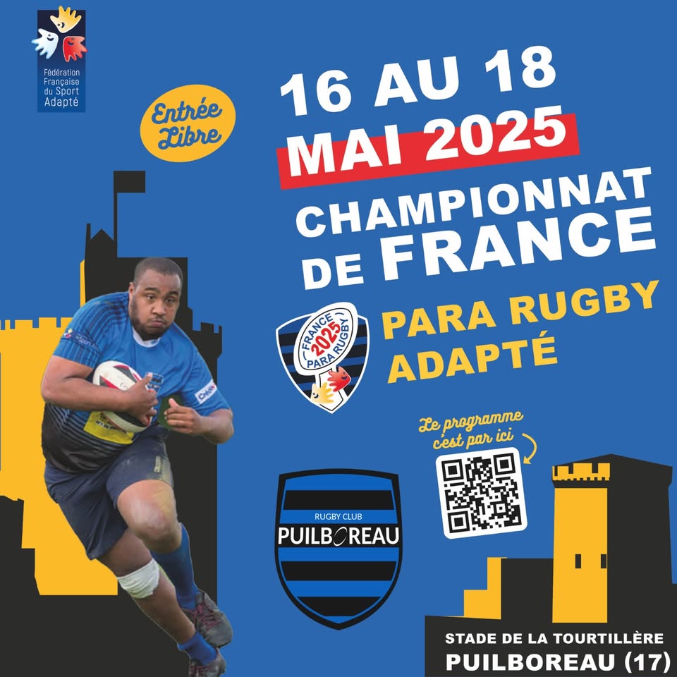 SPORT ADAPTÉ🏉 Du 16 au 18 mai, @RCPuilboreau accueille le Championnat de France Para Rugby Adapté 🇫🇷💪
Venez nombreux encourager les joueurs. 

Le Chiffre💶 250 000 € investis depuis 2021 par le Dépt17 pour soutenir la pratique sportive des personnes en situation de handicap.