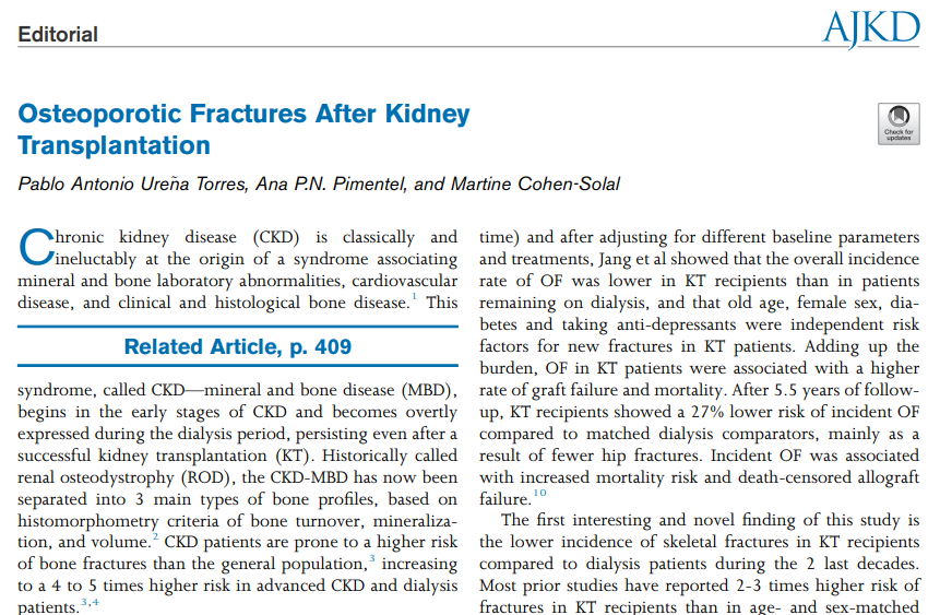 <a href="/worldkidneyday/">World Kidney Day</a> <a href="/HajeongLee2/">Hajeong Lee</a> Editorial by Pablo Antonio Ureña Torres, Ana P.N. Pimentel, and Martine Cohen-Solal:   

Osteoporotic Fractures After Kidney Transplantation  

bit.ly/TorresED25 (FREE)