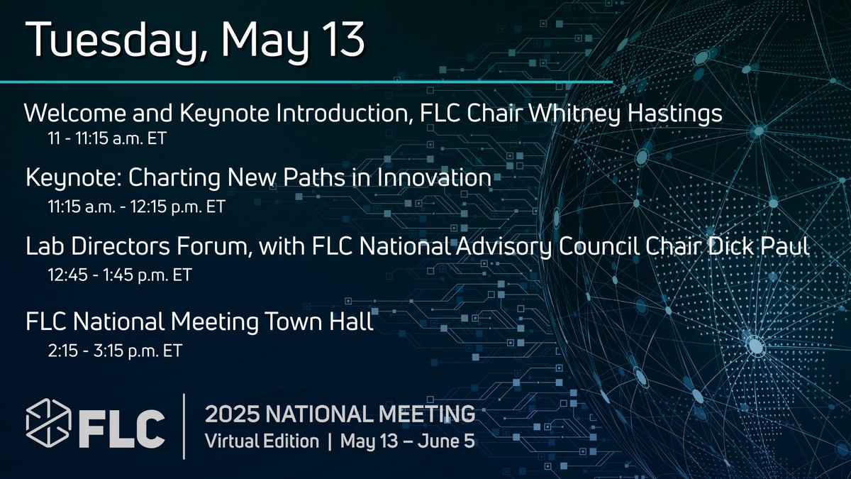 The FLC’s virtual National Meeting kicks off today with an exciting lineup! 

Haven’t registered yet? Don’t miss out on invaluable insights and learning opportunities. Get ready for multiple sessions and courses every week through June 5! federallabs.org/2025/registrat…

#FLCNM25