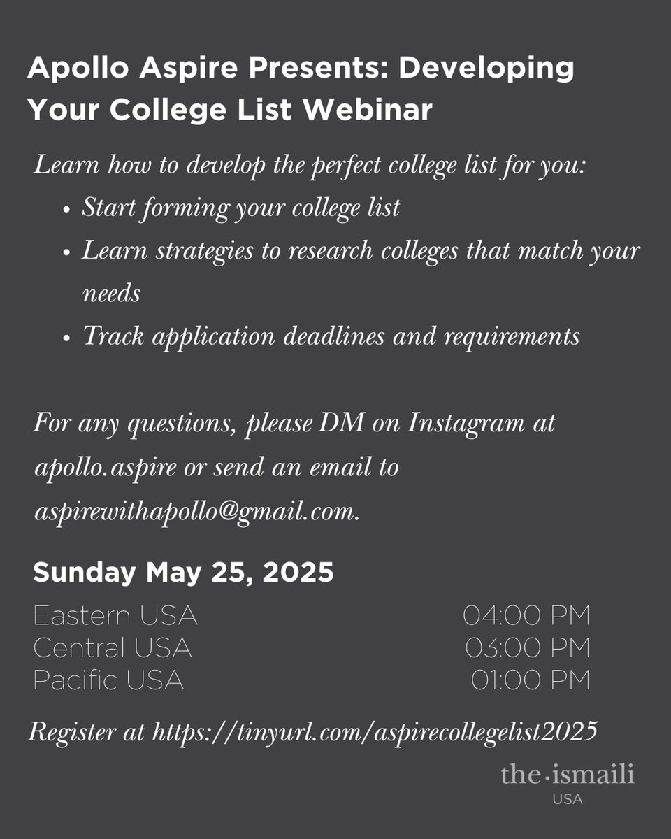 Ready to build your perfect college list? Join us for the Apollo Aspire webinar on May 25.

tinyurl.com/aspirecollegel…

#TheIsmaili #OneJamat #OneHumanity