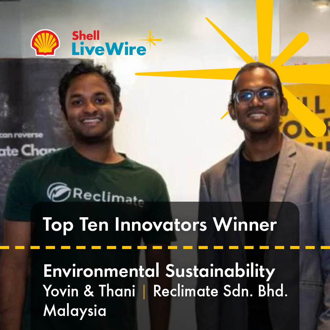 Yovindra Kanezin &amp; Annamalai Thani are 2025 Shell LiveWire Top Ten Innovators in Environmental Sustainability.

 Reclimate (Malaysia) helps farming communities turn agricultural waste into biochar and digitally access carbon markets. 

Learn more here: go.shell.com/4dhQdzF