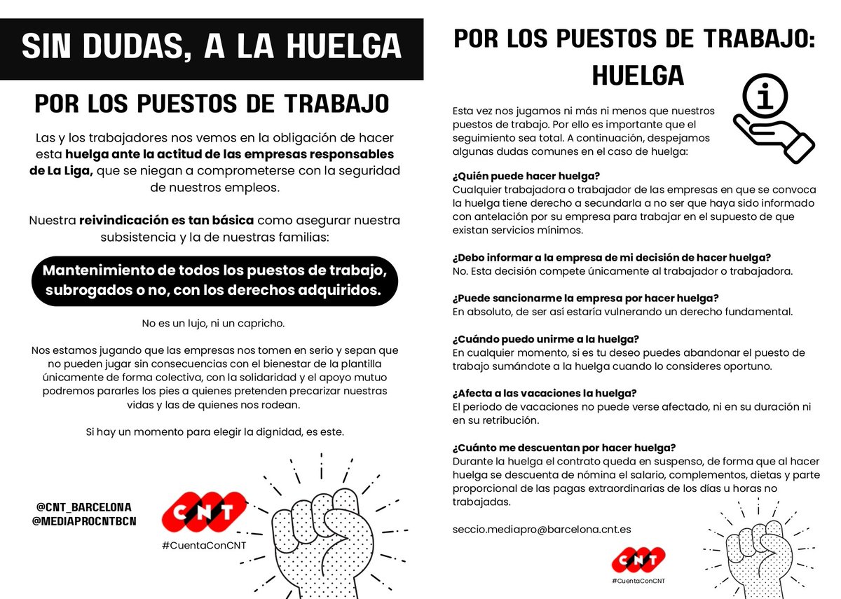 📢 A la Huelga!

🔴A pesar de los avances en la negociación, los derechos de todas no están garantizados. La sección de #CNT en #MediaPro mantiene la convocatoria de #huelga las ultimas jornadas de #LaLiga. No habrá retransmisión.

<a href="/LaLiga/">LALIGA</a> <a href="/HBS_Tweets/">HBS</a> <a href="/GRUPMEDIAPRO/">GRUP MEDIAPRO</a> #CuentaConCNT