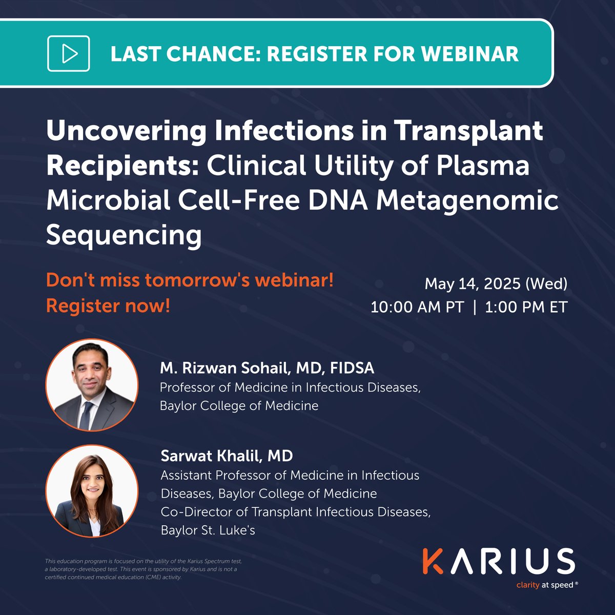 🚨 The Webinar is Tomorrow!

Join Dr. Sohail &amp; Dr. Khalil as they share insights on mcfDNA sequencing in SOT patients from a major Baylor study.

🗓 May 14 | 🕙 10AM PT
🔗 Register now: hubs.li/Q03l75Gl0

#mcfDNA #SOT #InfectiousDiseases #Karius #MetagenomicSequencing