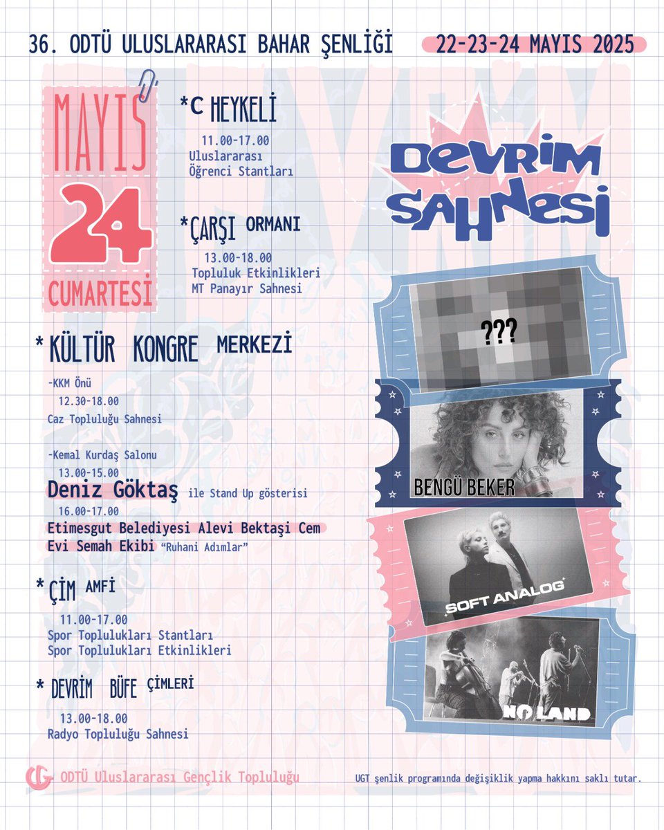Bizim şenliğimiz burada başlar, devrim, eylem, dram ve gülmece var 🧡
36. ODTÜ Uluslararası Bahar Şenliği programını sizlerle paylaşmaktan mutluluk duyuyoruz! 🙌🏻
*Devrim Yürüyüşü saati değişebilir.