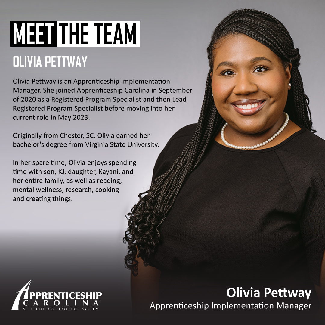 Meet the Team:
Apprenticeship Implementation Manager, Olivia Pettway! 
Learn more about Olivia at apprenticeshipcarolina.com/spotlight/oliv…
