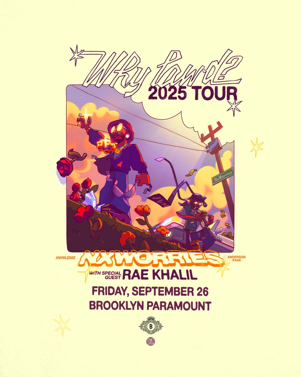 JUST ANNOUNCED! The Why Lawd? Tour with Anderson .Paak and <a href="/knxwledge/">knxwledge</a> as NxWorries. See them in Brooklyn on 9/26 with special guest <a href="/RaeKhalil/">Tha Don Khaluminati</a>  
🔊 Presale | Wed | 12PM | code: FREESTYLE
🔊 On Sale | Fri | 10AM
🎫 livemu.sc/4k3WGAA