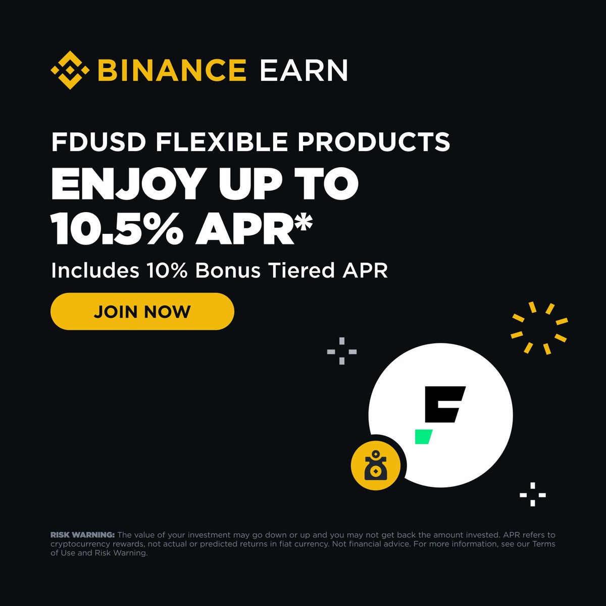 #BinanceEarn is bringing back FDUSD Flexible Products with up to 10.5% APR, including a 10% bonus boost.

More information ➡️ binance.com/en/support/ann…