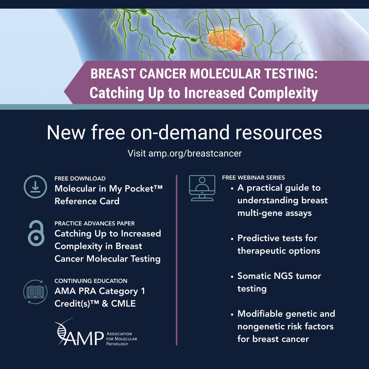 Association for Molecular Pathology (@ampath) on Twitter photo We have several new FREE educational resources on molecular testing in breast cancer.
⭐Paper in <a href="/JMDiagn/">The Journal of Molecular Diagnostics</a>
⭐ Downloadable reference card
⭐ Four webinars
⭐ 1.0 CE credits per webinar
Access it all: amp.org/education/brea… We have several new FREE educational resources on molecular testing in breast cancer.
⭐Paper in <a href="/JMDiagn/">The Journal of Molecular Diagnostics</a>
⭐ Downloadable reference card
⭐ Four webinars
⭐ 1.0 CE credits per webinar
Access it all: amp.org/education/brea…