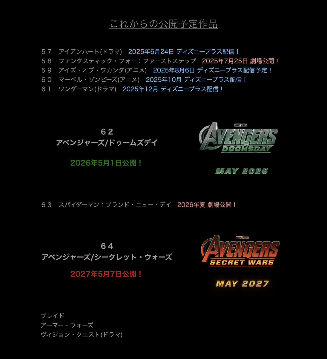 サンダーボルツ観て、アイアンハートとかF4とかこれからのアベンジャーズのこととか考えてたらマーベル（MCU）まとめ更新してた。

#サンダーボルツ 
#アイアンハート 
#ファンタスティック4 
#ファンタスティックフォー
#アベンジャーズ