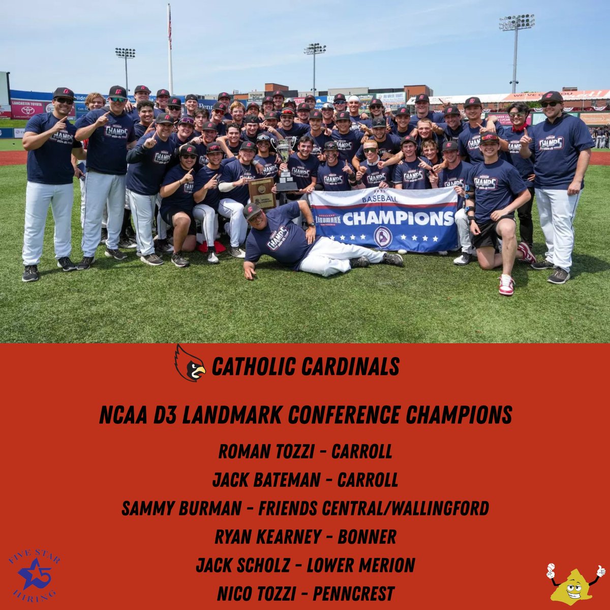 Delco Baseball Now (@delcobaseball) on Twitter photo Instead of highlighting individuals in our <a href="/FiveStarHiring/">Five Star Hiring</a> college roundup this week, let’s take a look at some team accomplishments that our guys have been a part of lately.
We'll start with <a href="/CatholicU_BSB/">Catholic U. Baseball</a> winning the Landmark Championship with six of our guys on the roster 🧵 Instead of highlighting individuals in our <a href="/FiveStarHiring/">Five Star Hiring</a> college roundup this week, let’s take a look at some team accomplishments that our guys have been a part of lately.
We'll start with <a href="/CatholicU_BSB/">Catholic U. Baseball</a> winning the Landmark Championship with six of our guys on the roster 🧵