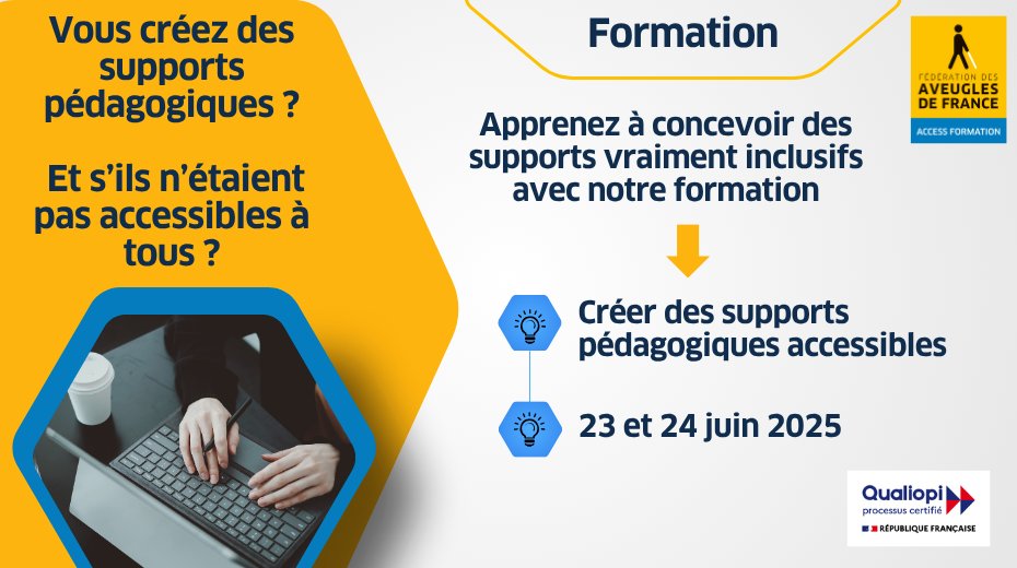 🤔Vous créez des supports pédagogiques ? Et s’ils n’étaient pas accessibles à tous ?
👉Découvrez notre formation : tinyurl.com/4t27kbad
Inscriptions ouvertes jusqu’au 19 mai, il reste encore des places !
 #qualiopi #Accessibilité #InclusionNumérique #FormationPro