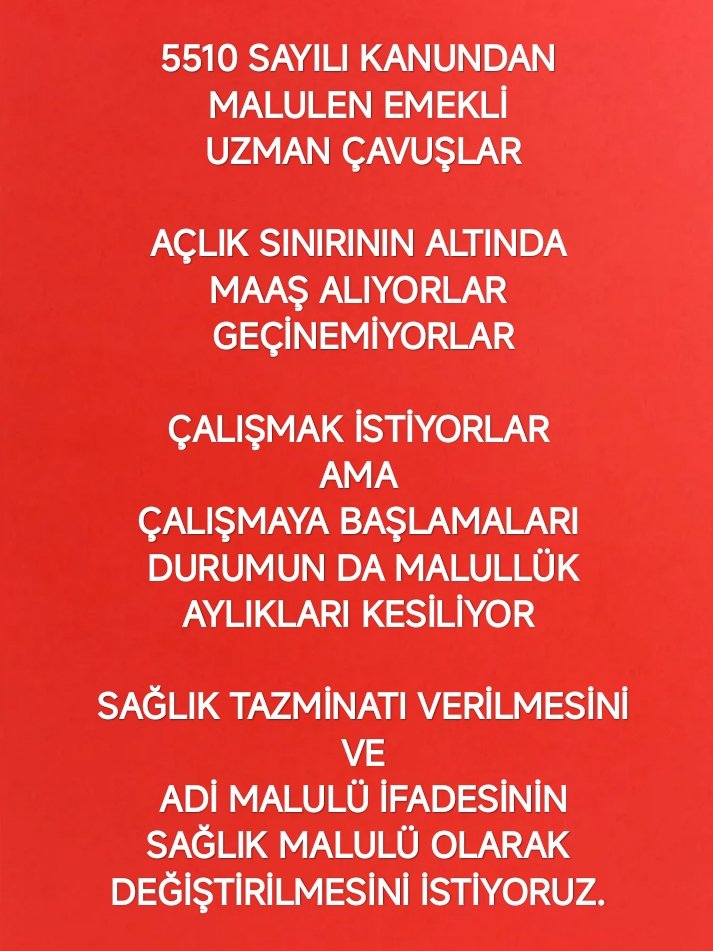 5510 Sayılı Kanundan  Malulen Emekli #UzmanÇavuşlar
Açlık sınırının çok altında maaş alıyorlar. Geçinemiyorlar çok zor durumdalar, aldıkları maaş ev kirasını bile karşılamıyor.

Çalışmak istiyorlar ama çalışmaya başlamaları durumun da malullük aylıkları kesiliyor. 

<a href="/alitilkici38/">Ali Tilkici 🇹🇷</a>