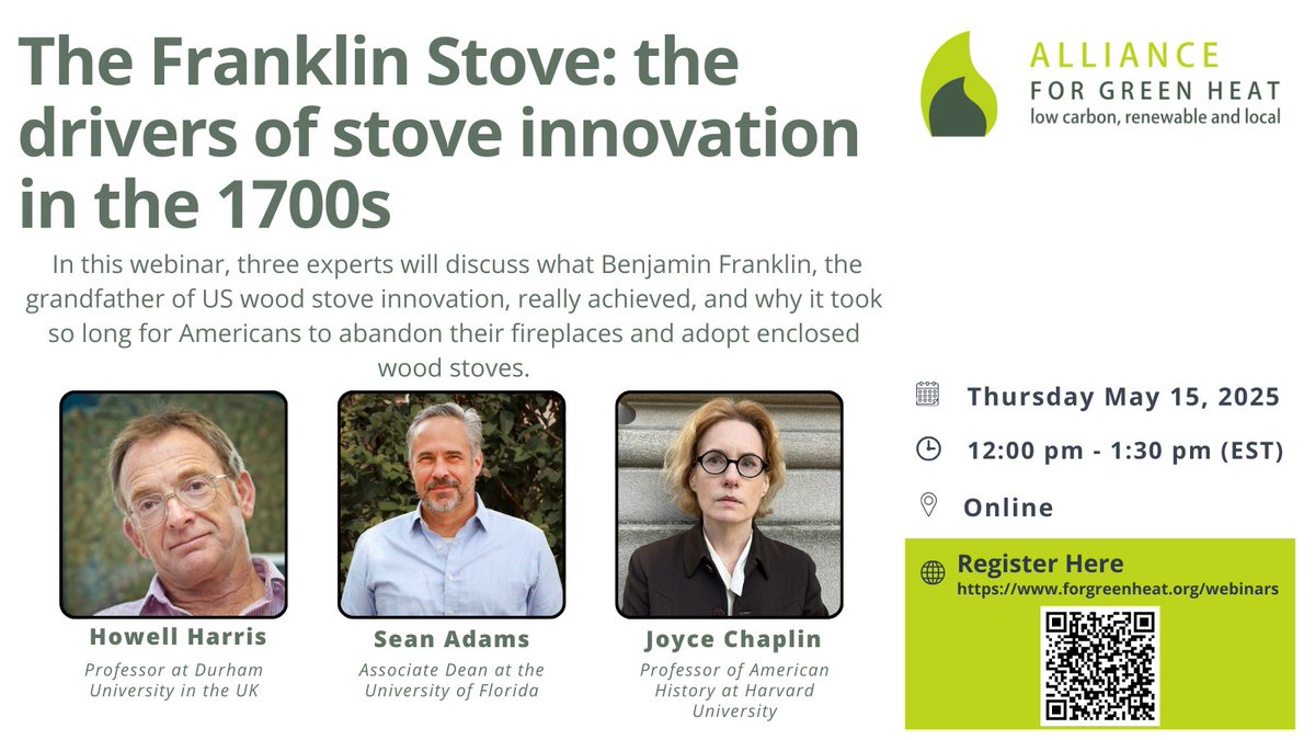 ForGreenHeat's tweet image. Are you free Thursday the 15th and interested in wood stove history and/or a big fan of Benjamin Franklin? Well, do I have the webinar for you!

Register here: us06web.zoom.us/webinar/regist…
