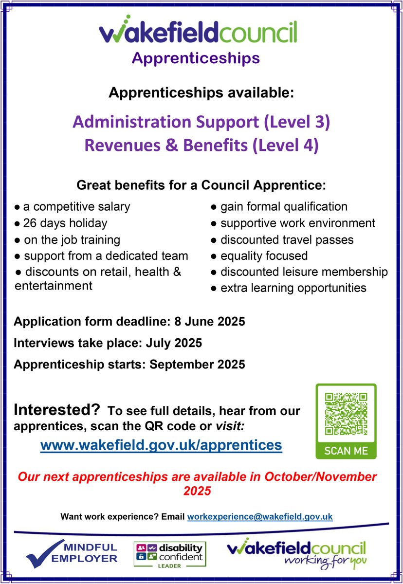 Apprenticeship opportunities in Wakefield. Details below:

wakefield.gov.uk/apprentices