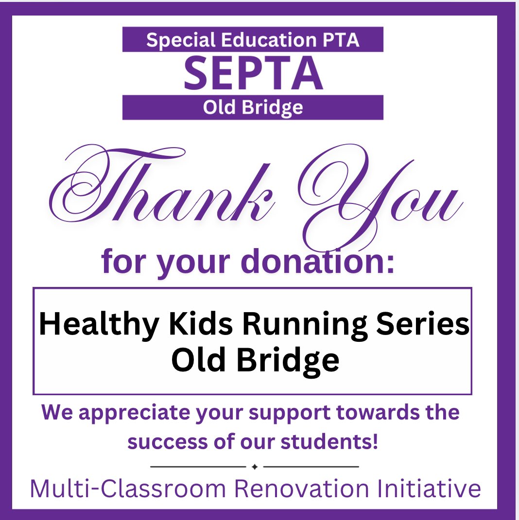 Thank you Healthy Kids Running Series - Old Bridge for your generous donation towards our Multi-Classroom Renovation Initiative! 

Your support and generosity will make a lasting impact on the success of our  students and programs in Old Bridge!