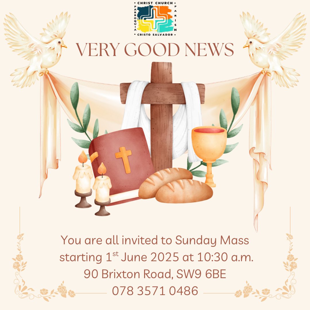 With great joy and hope we announce the start of a new Sunday Mass 🇬🇧 at Christ Church Brixton Road beginning on the first Sunday of June 2025, at 10.30am.
This is your home to encounter God and to grow in faith. 
Everyone is welcome !!