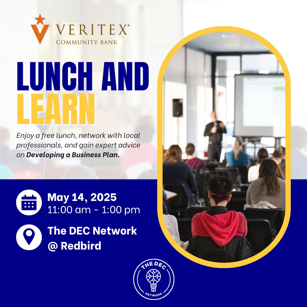 🚨 Happening TOMORROW! 🚨
Join us at The DEC Network @ Redbird for a Lunch and Learn powered by Veritex Community Bank! 🍴💼

🗓️ May 14 | 🕚 11:00 AM - 1:00 PM
📍 The DEC Network @ Redbird

#LunchAndLearn #TheDECNetwork