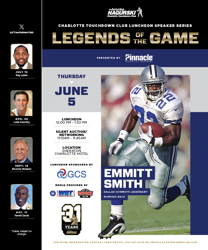 We are thrilled to kick off the 2025 #TDClubLuncheon Speaker Series with <a href="/dallascowboys/">Dallas Cowboys</a> legendary RB Emmitt Smith on June 5th at <a href="/SheratonCLT/">Sheraton Charlotte</a> from 12:00pm to 1:30pm! All proceeds will benefit the Touchdown Club Scholarship Fund!

Reserve your seats today!
loom.ly/wZ86Hd4