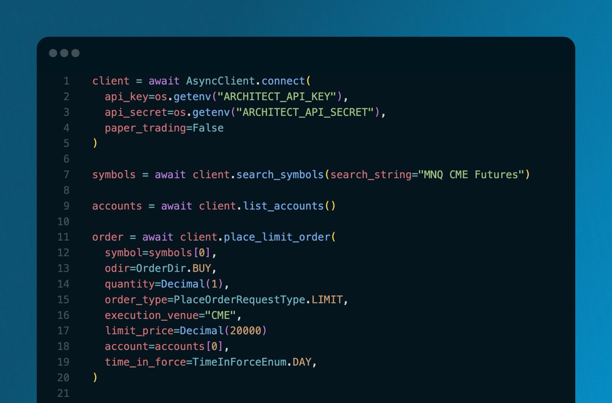 BrettHarrison88's tweet image. The first major challenge in starting a hedge fund or trading firm is finding a broker with sufficiently expressive APIs to implement trading strategies and back-office requirements. Here’s a 20-line Python code sample that uses Architect’s APIs to fetch the front-month CME Micro…