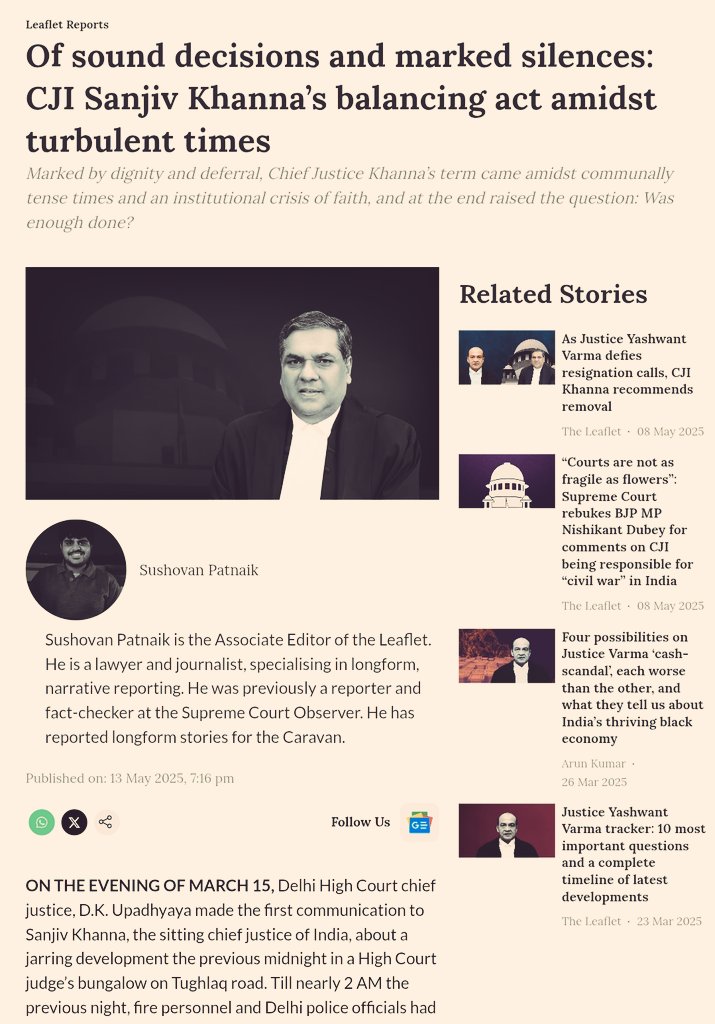 CJI Khanna's tenure was marked by boldness in crucial moments and temperer decisions. But there were critical misses - did he leave a Court more transparent? Did the Collegium mishandle hate speech judge Yadav's case? Will this be a legacy that lasts?

My profile of the 51stCJI: