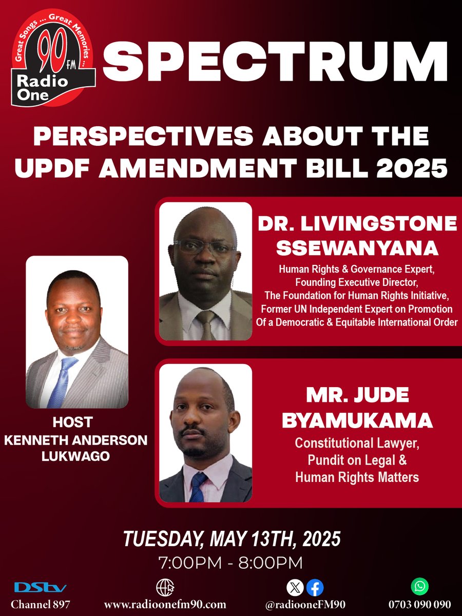 "PERSPECTIVES ABOUT THE UPDF AMENDMENT BILL 2025" - <a href="/LSewanyana/">Dr. L. Sewanyana</a> <a href="/Jbyam1/">Jude Byamukama</a> 
Tonight, on Spectrum with <a href="/anderlukson/">Kenneth Anderson Lukwago</a> 
<a href="/uhrc/">United Human Rights Council</a> 
<a href="/UHRC_UGANDA/">Uganda Human Rights Commission (UHRC)</a> 
<a href="/FHRI2/">FHRI</a> 
<a href="/HRCUG/">The Human Rights Centre Uganda</a> 
<a href="/UN/">United Nations</a> 
<a href="/JudiciaryUG/">Judiciary Uganda</a> 
<a href="/Parliament_Ug/">Parliament of Uganda</a> 
<a href="/pwatchug/">Parliament Watch</a> 
<a href="/GovUganda/">Government of Uganda</a> 
<a href="/StateHouseUg/">State House Uganda</a> 
#RadioOne #FM90 #SPECTRUM
