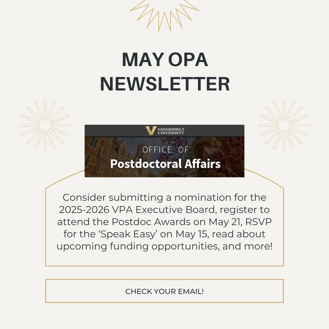 VandyOPA's tweet image. 📢🗞️ If you missed our monthly newsletter ✉️ last week, be sure to read about upcoming events, current funding opportunities, and other information specific to Vanderbilt postdocs here: t.e2ma.net/webview/nmmw6i…