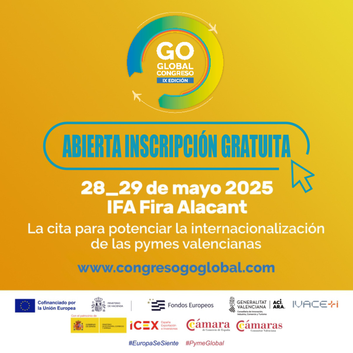 ➡️Marian Cano, consellera de Innovación, Industria, Comercio y Turismo, te invita al Congreso Go Global. 

Descubre por qué es una oportunidad única para llevar tu empresa al siguiente nivel.
🗓️ 28 y 29 de mayo
📍 IFA Fira Alacant
🔗 Inscripción gratuita: congresogoglobal.com